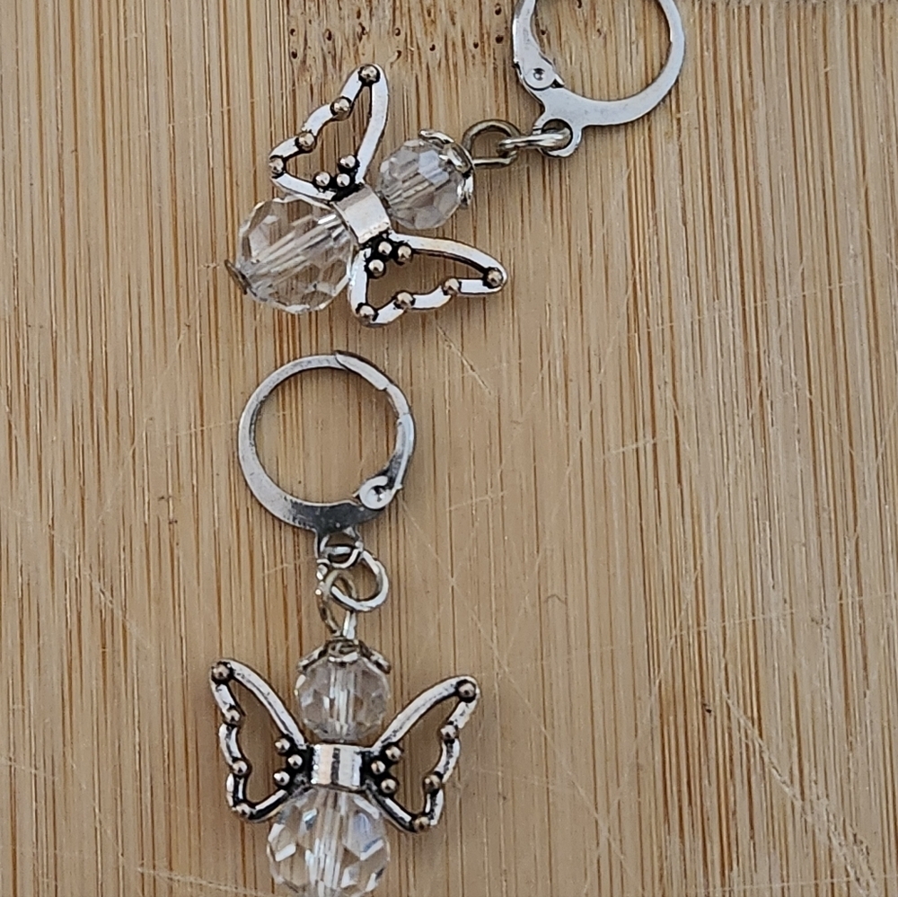 Hand Crafted Earrings Clear Crystal Angel Pierced with Silver Angel Wings - Picture 2 of 5